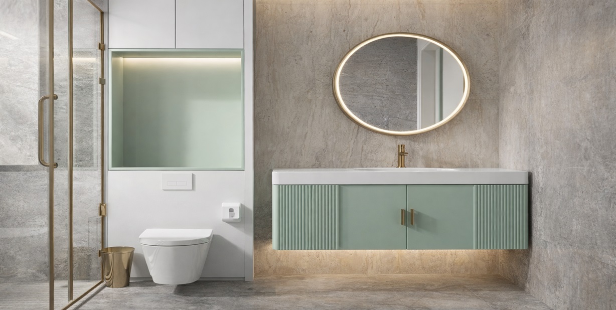 Light green all in one bathroom sink wall mounted vanity set with integrated basin